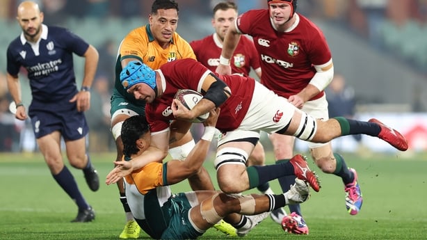 tadhg beirne of British & Irish Lions is tackled during the tour match between AUNZ XI and British & Irish Lions at Adelaide Oval