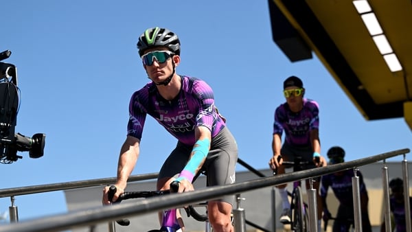 SAINT-MEEN-LE-GRAND, FRANCE - JULY 12: Eddie Dunbar of Ireland and Team Jayco AlUla prior to the 112th Tour de France, Stage 8 a 197km stage from Saint-Meen-le-Grand to Laval (Espace Mayenne) / #UCIWT / on July 12, 2025 in Saint-Meen-le-Grand, France. (Ph