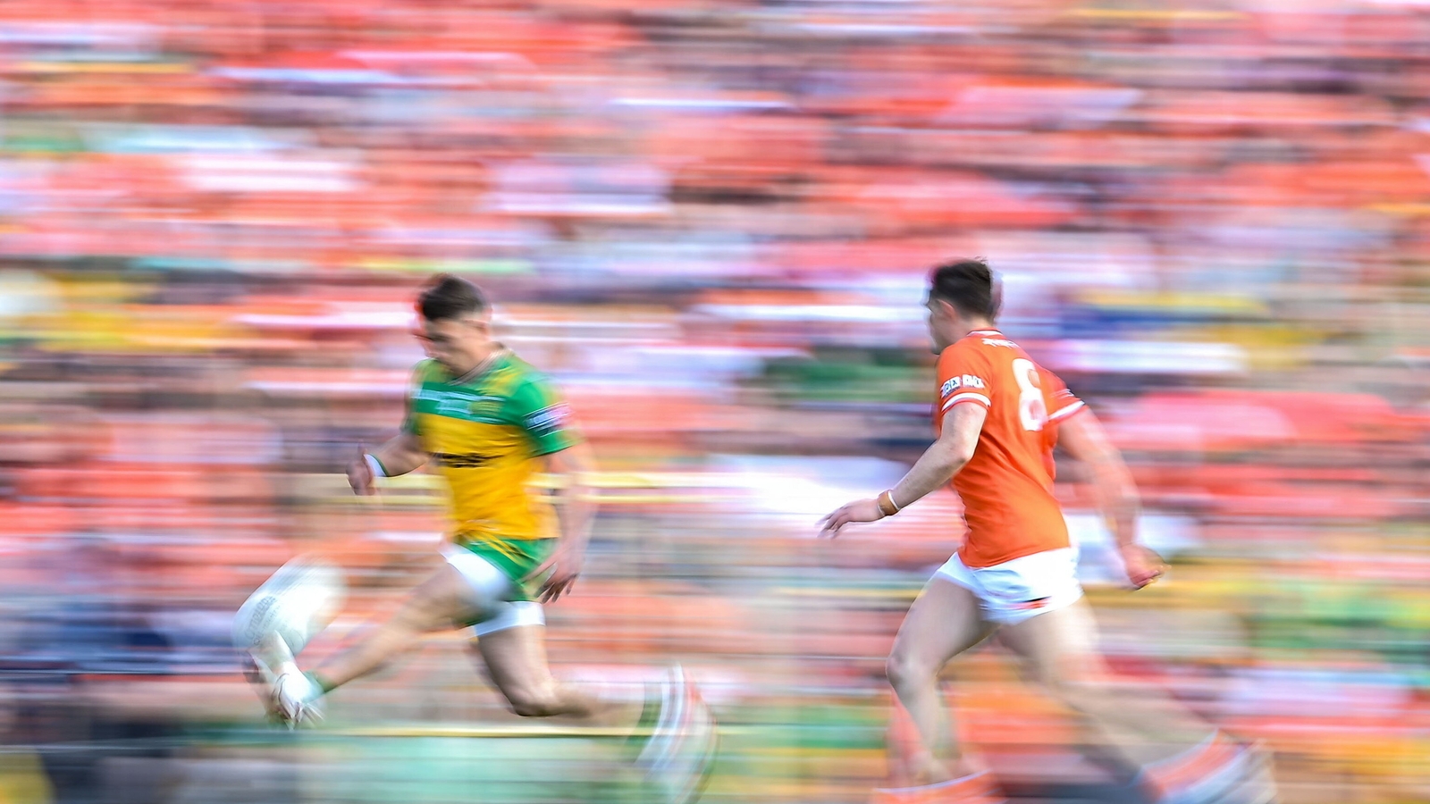 10 May 2025; Peadar Mogan of Donegal in action against Callum O'Neill of Armagh during the Ulster GAA Football Senior Championship final match between Armagh and Donegal at St Tiernach's Park in Clones, Monaghan. Photo by David Fitzgerald/Sportsfile