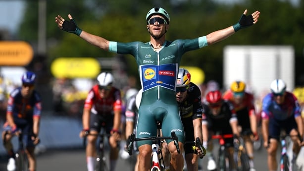 LAVAL, FRANCE - JULY 12: Jonathan Milan of Italy and Team Lidl - Trek - Green Sprint Jersey celebrates at finish line as stage winner during the 112th Tour de France, Stage 8 a 197km stage from Saint-Meen-le-Grand to Laval (Espace Mayenne) / #UCIWT / on July 12, 2025 in Laval, France. (Photo by Dari
