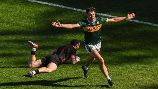 12 July 2025; David Clifford of Kerry celebrates after scoring his side's first goal during the GAA Football All-Ireland Senior Championship semi-final match between Kerry and Tyrone at Croke Park in Dublin. Photo by Ramsey Cardy/Sportsfile