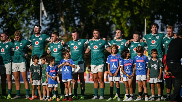 12 July 2025; Ireland players during the national anthem before the International Rugby Test match between Portugal and Ireland at Estádio Nacional do Jamor in Lisbon, Portugal. Photo by David Fitzgerald/Sportsfile