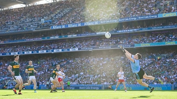 12 July 2025; Kerry goalkeeper Shane Ryan makes a save during the GAA Football All-Ireland Senior Championship semi-final match between Kerry and Tyrone at Croke Park in Dublin. Photo by Seb Daly/Sportsfile