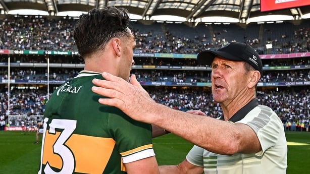 12 July 2025; Kerry manager Jack O'Connor and David Clifford after the GAA Football All-Ireland Senior Championship semi-final match between Kerry and Tyrone at Croke Park in Dublin. Photo by Seb Daly/Sportsfile