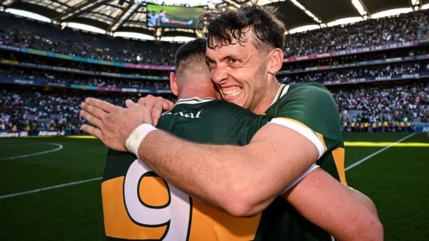 12 July 2025; Kerry players David Clifford, right, and Joe O'Connor celebrate after their side's victory in the GAA Football All-Ireland Senior Championship semi-final match between Kerry and Tyrone at Croke Park in Dublin. Photo by Seb Daly/Sportsfile