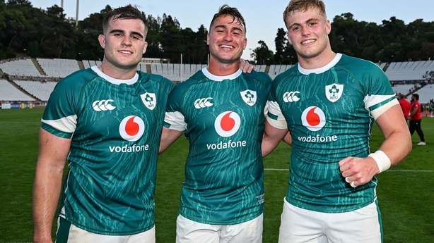 12 July 2025; Ireland debutants, from left, Alex Kendellen, Shayne Bolton and Hugh Gavin after the International Rugby Test match between Portugal and Ireland at Estádio Nacional do Jamor in Lisbon, Portugal. Photo by David Fitzgerald/Sportsfile