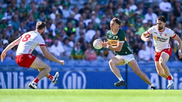 12 July 2025; David Clifford of Kerry in action against Tyrone players Brian Kennedy, left, and Padraig Hampsey during the GAA Football All-Ireland Senior Championship semi-final match between Kerry and Tyrone at Croke Park in Dublin. Photo by Piaras Ó Mídheach/Sportsfile