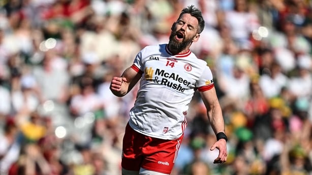 12 July 2025; Mattie Donnelly of Tyrone reacts during the GAA Football All-Ireland Senior Championship semi-final match between Kerry and Tyrone at Croke Park in Dublin. Photo by Seb Daly/Sportsfile