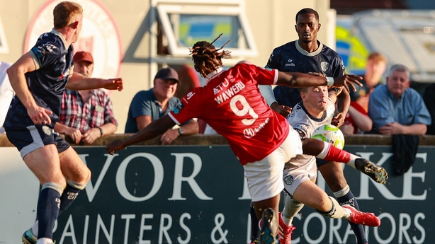 12 July 2025; Wilson Waweru of Sligo Rovers on his way to scoring his side's second goal despite the efforts of Derry City goalkeeper Brian Maher during the SSE Airtricity Men's Premier Division match between Sligo Rovers and Derry City at The Showgrounds in Sligo. Photo by Thomas Flinkow/Sportsfile