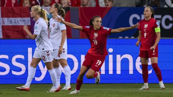 LUCERNE, SWITZERLAND - JULY 12: Natalia Padilla of Poland (C) celebrates her goal during the UEFA Women's EURO 2025 Group C match between Poland and Denmark at Luzern Arena on July 12, 2025 in Lucerne, Switzerland. (Photo by Marcio Machado/Eurasia Sport I