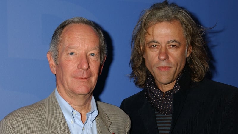 Michael Buerk and Bob Geldof at a Live Aid DVD screening in London in November 2004