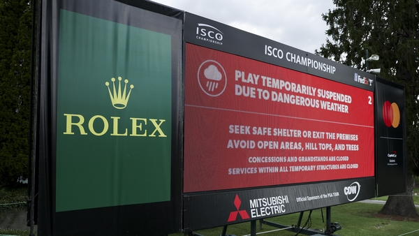 LOUISVILLE, KENTUCKY - JULY 12: A general view as a scoreboard shows that play has been suspended due to dangerout weather during the third round of the ISCO Championship 2025 at Hurstbourne Country Club on July 12, 2025 in Louisville, Kentucky. (Photo by