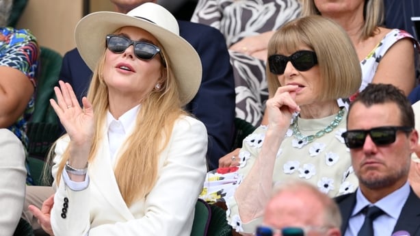Nicole Kidman and Anna Wintour attend day fourteen of the Wimbledon Tennis Championships at the All England Lawn Tennis and Croquet Club at All England Lawn Tennis and Croquet Club on July 13, 2025 in London
