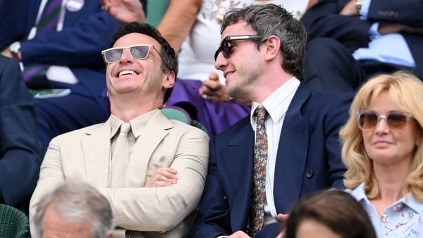 Andrew Scott and Paul Mescal attend day fourteen of the Wimbledon Tennis Championships at the All England Lawn Tennis and Croquet Club at All England Lawn Tennis and Croquet Club on July 13, 2025 in London
