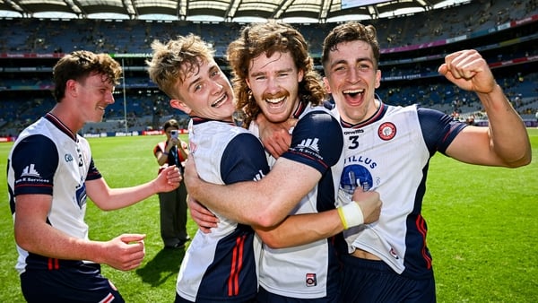 13 July 2025; New York players Colm Shalvey, James Donovan and Dylan Curran celebrate after the GAA Football All-Ireland Junior Championship final match between New York and London at Croke Park in Dublin. Photo by Seb Daly/Sportsfile