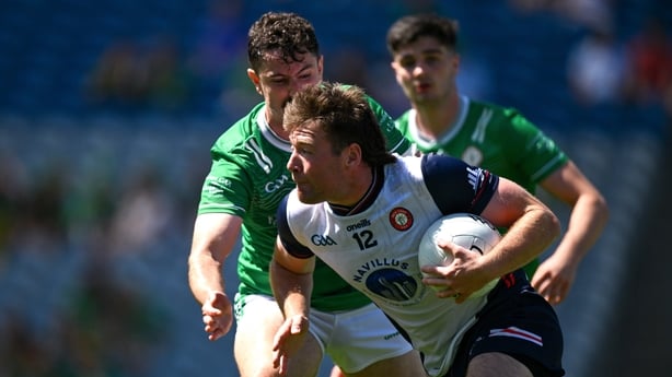 13 July 2025; Jack Healy of New York in action against Patrick O'Connor of London during the GAA Football All-Ireland Junior Championship final match between New York and London at Croke Park in Dublin. Photo by Ray McManus/Sportsfile