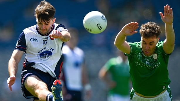 13 July 2025; Emmet Loughran of New York in action against Ryan McCready of London during the GAA Football All-Ireland Junior Championship final match between New York and London at Croke Park in Dublin. Photo by Ray McManus/Sportsfile