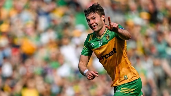 13 July 2025; Conor O'Donnell of Donegal celebrates after scoring his side's third goal during the GAA Football All-Ireland Senior Championship semi-final match between Meath and Donegal at Croke Park in Dublin. Photo by Seb Daly/Sportsfile