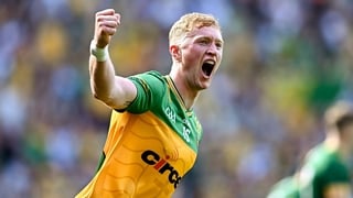 13 July 2025; Oisín Gallen of Donegal celebrates scoring his side's first goal the GAA Football All-Ireland Senior Championship semi-final match between Meath and Donegal at Croke Park in Dublin. Photo by Piaras Ó Mídheach/Sportsfile