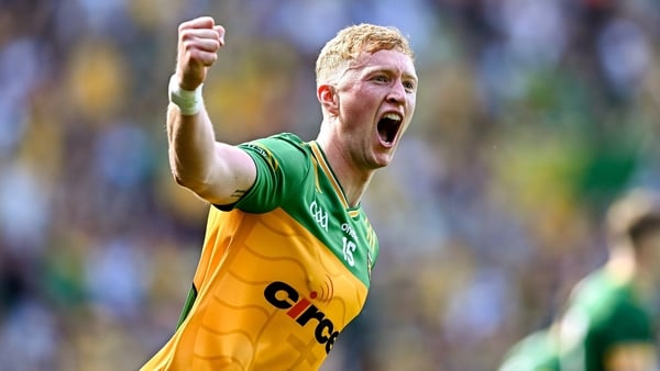 13 July 2025; Oisín Gallen of Donegal celebrates scoring his side's first goal the GAA Football All-Ireland Senior Championship semi-final match between Meath and Donegal at Croke Park in Dublin. Photo by Piaras Ó Mídheach/Sportsfile