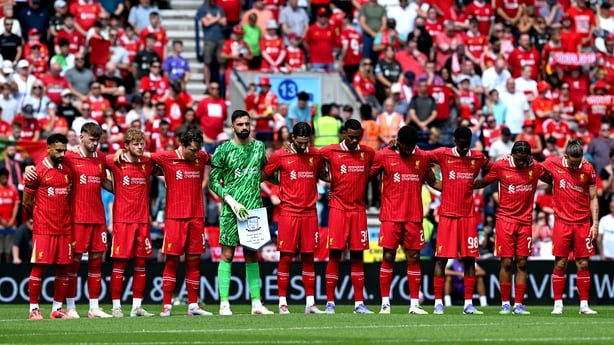 PRESTON, ENGLAND - JULY 13: (THE SUN OUT, THE SUN ON SUNDAY OUT) Players of Liverpool pause for a moments silence in memory of former football player Diogo Jota and his brother Andre Silva, who passed away on the 3rd of July 2025, prior to during the pre-season friendly match between Preston North E