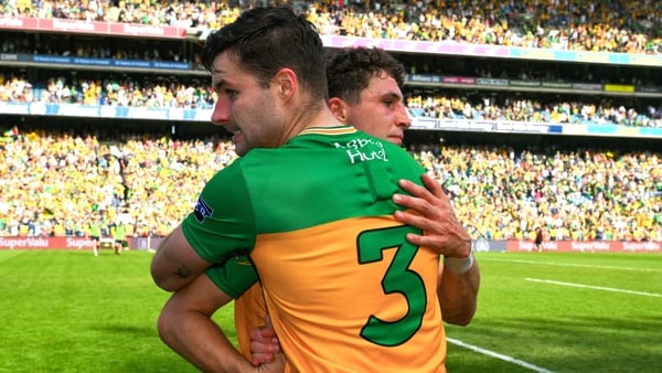 13 July 2025; Brendan McCole, 3, and Finnbarr Roarty of Donegal celebrate victory after the GAA Football All-Ireland Senior Championship semi-final match between Meath and Donegal at Croke Park in Dublin. Photo by Ray McManus/Sportsfile