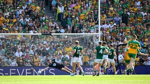 13 July 2025; Meath goalkeeper Billy Hogan is beaten for Donegal's second goal during the GAA Football All-Ireland Senior Championship semi-final match between Meath and Donegal at Croke Park in Dublin. Photo by Ray McManus/Sportsfile