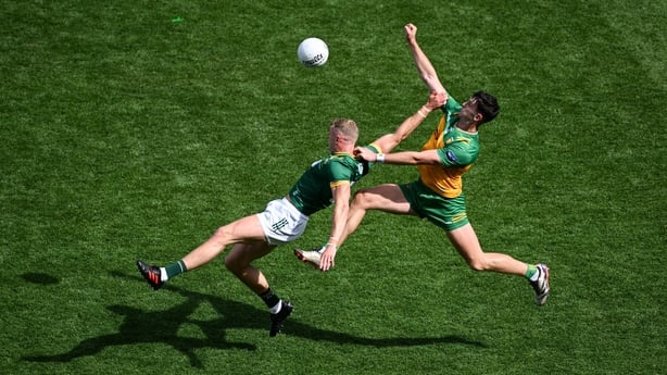 13 July 2025; Michael Langan of Donegal in action against Conor Gray of Meath during the GAA Football All-Ireland Senior Championship semi-final match between Meath and Donegal at Croke Park in Dublin. Photo by Daire Brennan/Sportsfile