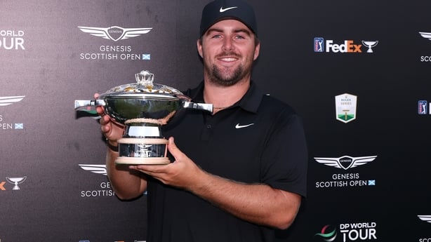 NORTH BERWICK, SCOTLAND - JULY 13: Chris Gotterup of the United States poses for a photograph with the Genesis Scottish Open 2025 trophy after winning the Genesis Scottish Open 2025 on day four of the Genesis Scottish Open 2025 at The Renaissance Club on July 13, 2025 in North Berwick, Scotland. (Ph
