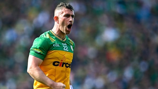 13 July 2025; Patrick McBrearty of Donegal celebrates after scoring a point during the GAA Football All-Ireland Senior Championship semi-final match between Meath and Donegal at Croke Park in Dublin. Photo by Piaras Ó Mídheach/Sportsfile
