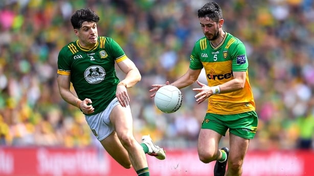 13 July 2025; Ryan McHugh of Donegal in action against Seamus Lavin of Meath during the GAA Football All-Ireland Senior Championship semi-final match between Meath and Donegal at Croke Park in Dublin. Photo by John Sheridan/Sportsfile