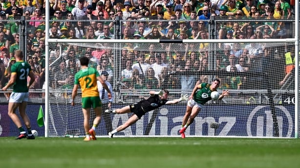13 July 2025; Donal Keogan of Meath saves a shot on the goal line alongside Meath goalkeeper Billy Hogan the GAA Football All-Ireland Senior Championship semi-final match between Meath and Donegal at Croke Park in Dublin. Photo by Piaras Ó Mídheach/Sportsfile