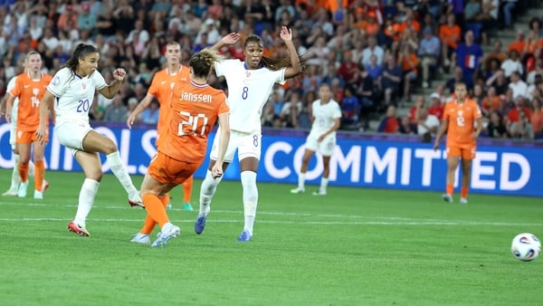 BASEL, SWITZERLAND - JULY 13: Delphine Cascarino of France scores her team's fourth goal under pressure from Dominique Janssen of the Netherlands during the UEFA Women's EURO 2025 Group D match between Netherlands and France at St. Jakob-Park on July 13,