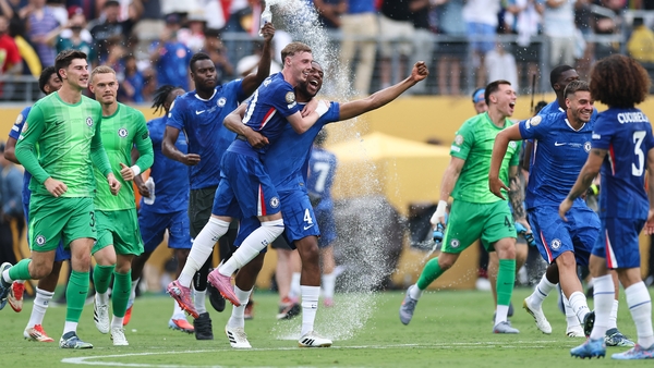 Cole Palmer #10, Tosin Adarabioyo #4, Marc Guiu #38 and Tyrique George #32 of Chelsea FC celebrate victory following the FIFA Club World Cup 2025 Final match between Chelsea FC and Paris Saint-Germain at MetLife Stadium on July 13, 2025 in East Rutherfor