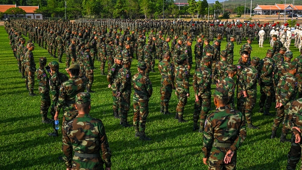 Cambodian soldiers stand during a drill at a military police base in Kampong Chhnang province on 16 May 2024