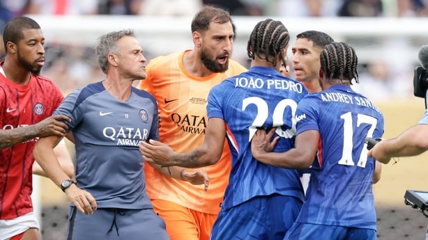 Luis Enrique and Gianluigi Donnarumma of PSG have words with João Pedro of Chelsea - 2025 Club World Cup final
