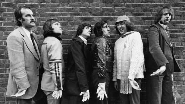 Monty Python John Cleese, Terry Gilliam, Michael Palin, Terry Jones, Eric Idle, Graham Chapman, Los Angeles, May 16th, 1975. (Photo by Ben Martin/Getty Images)