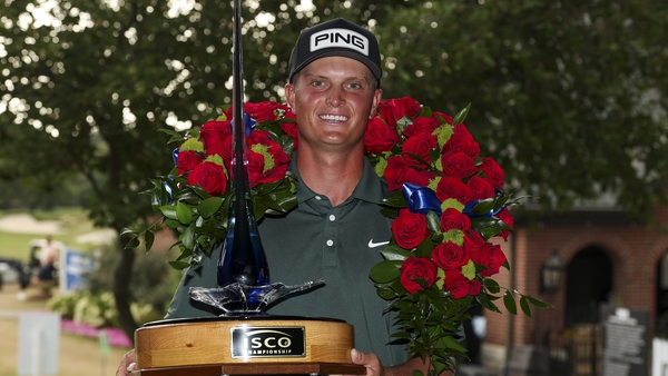 LOUISVILLE, KENTUCKY - JULY 13: William Mouw poses with the trophy after winning the ISCO Championship 2025 at Hurstbourne Country Club on July 13, 2025 in Louisville, Kentucky. (Photo by Andy Lyons/Getty Images)