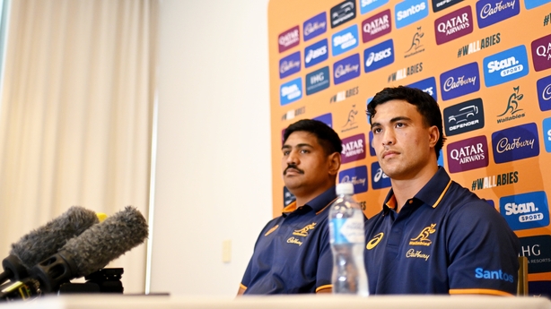 BRISBANE , Australia - 14 July 2025; Joseph-Aukuso Suaalii, right, and Will Skelton during an Australia media conference at the Amora Hotel Brisbane, Australia. (Photo By Brendan Moran/Sportsfile via Getty Images)