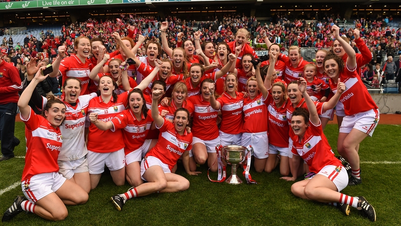 The Cork team celebrate after winning the Ladies Football All-Ireland final against Dublin at Croke Park in 2016. Photo: Brendan Moran/Sportsfile via Getty Images