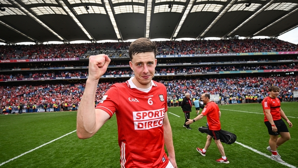 5 July 2025; Robert Downey of Cork celebrates after the GAA Hurling All-Ireland Senior Championship semi-final match between Cork and Dublin at Croke Park in Dublin. Photo by Ramsey Cardy/Sportsfile