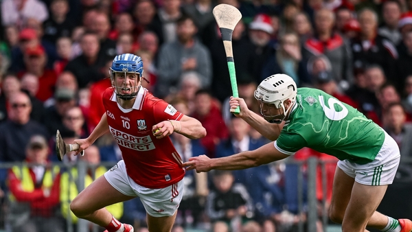 7 June 2025; Diarmuid Healy of Cork in action against Kyle Hayes of Limerick during the Munster GAA Hurling Senior Championship final match between Limerick and Cork at TUS Gaelic Grounds in Limerick. Photo by Piaras Ó Mídheach/Sportsfile