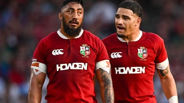 DUBLIN, IRELAND - JUNE 20: British and Irish Lions' Bundee Aki (L) and Sione Tuipulotu during a friendly match between the British and Irish Lions and Argentina at the AVIVA Stadium, on June 20, 2025, in Dublin, Ireland. (Photo by Seb Daly/SNS Group via Getty Images)