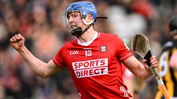 1 March 2025; Diarmuid Healy of Cork celebrates scoring his side's first goal during the Allianz Hurling League Division 1A match between Cork and Kilkenny at SuperValu Páirc Uí Chaoimh in Cork. Photo by Piaras Ó Mídheach/Sportsfile