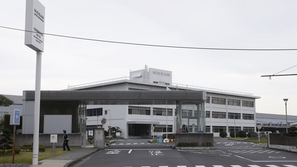 The front of the white coloured Nissan car plant in Oppama in Japan