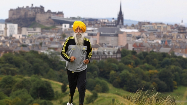 Fauja Singh poses for pictures after being the first person to officially enter for next year’s Edinburgh Marathon on September 1, 2011 in Edinburgh, Scotland.