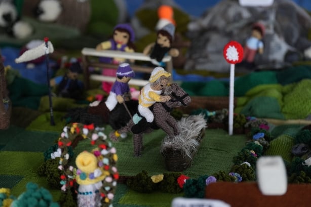 A scene from the Galway Races which features on a knitted map of Ireland in Carnew Community Care centre in Carnew Co. Wicklow. The 12 foot by 11 foot wool map of Ireland, which took four years of knitting and crocheting to complete, is in search of a new home to go on public display