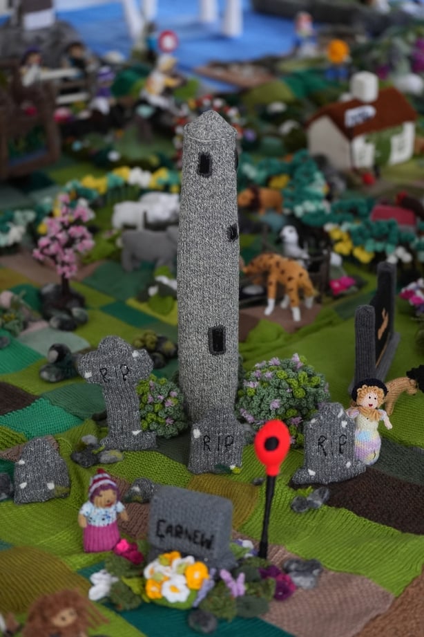 A stone tower from Glendalough in Co Wicklow that features on a knitted map of Ireland in Carnew Community Care centre in Carnew Co. Wicklow