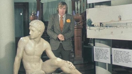 Tom McGurk in the mainhall of the RDS in Ballsbridge, 1975