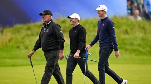 Rory McIlroy with Darren Clarke and Tom McKibbin at Portrush today
